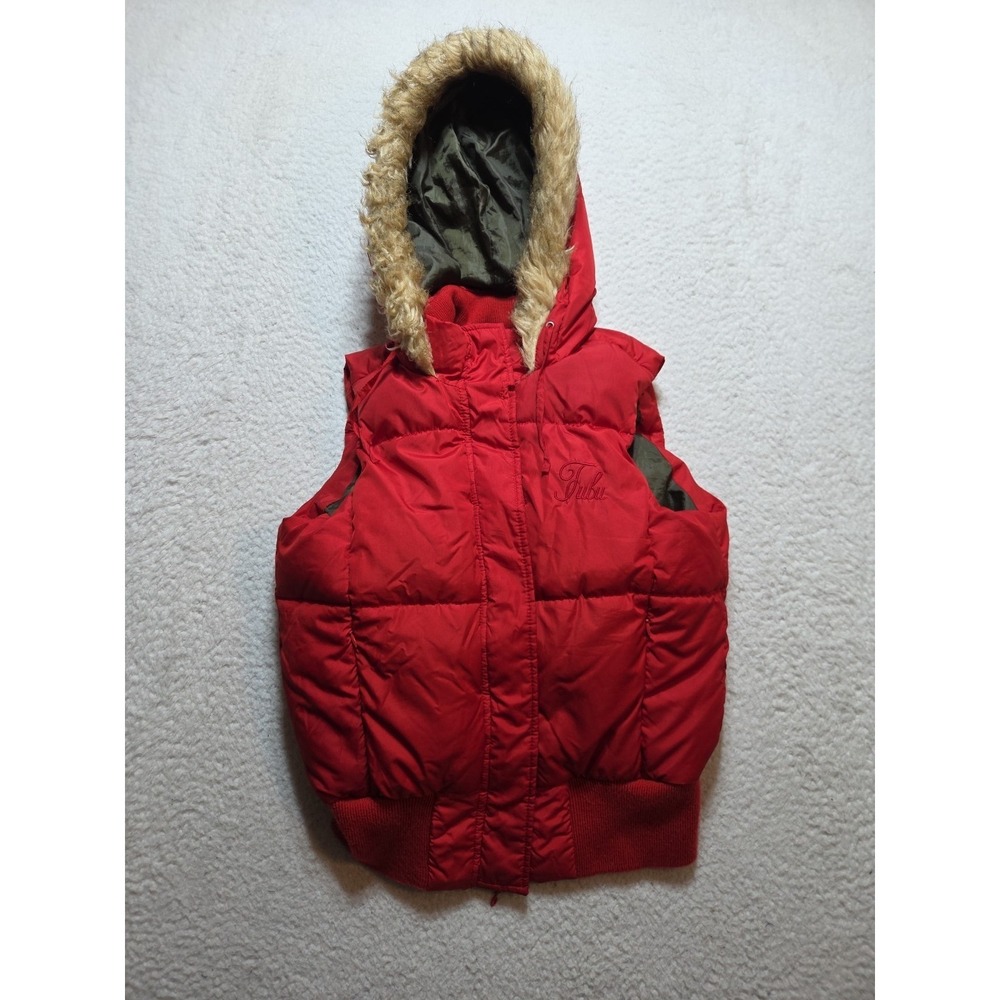 FUBU Womens Y2K Puffer Down Vest Size Medium Red Faux Fur Trim Hip Hop